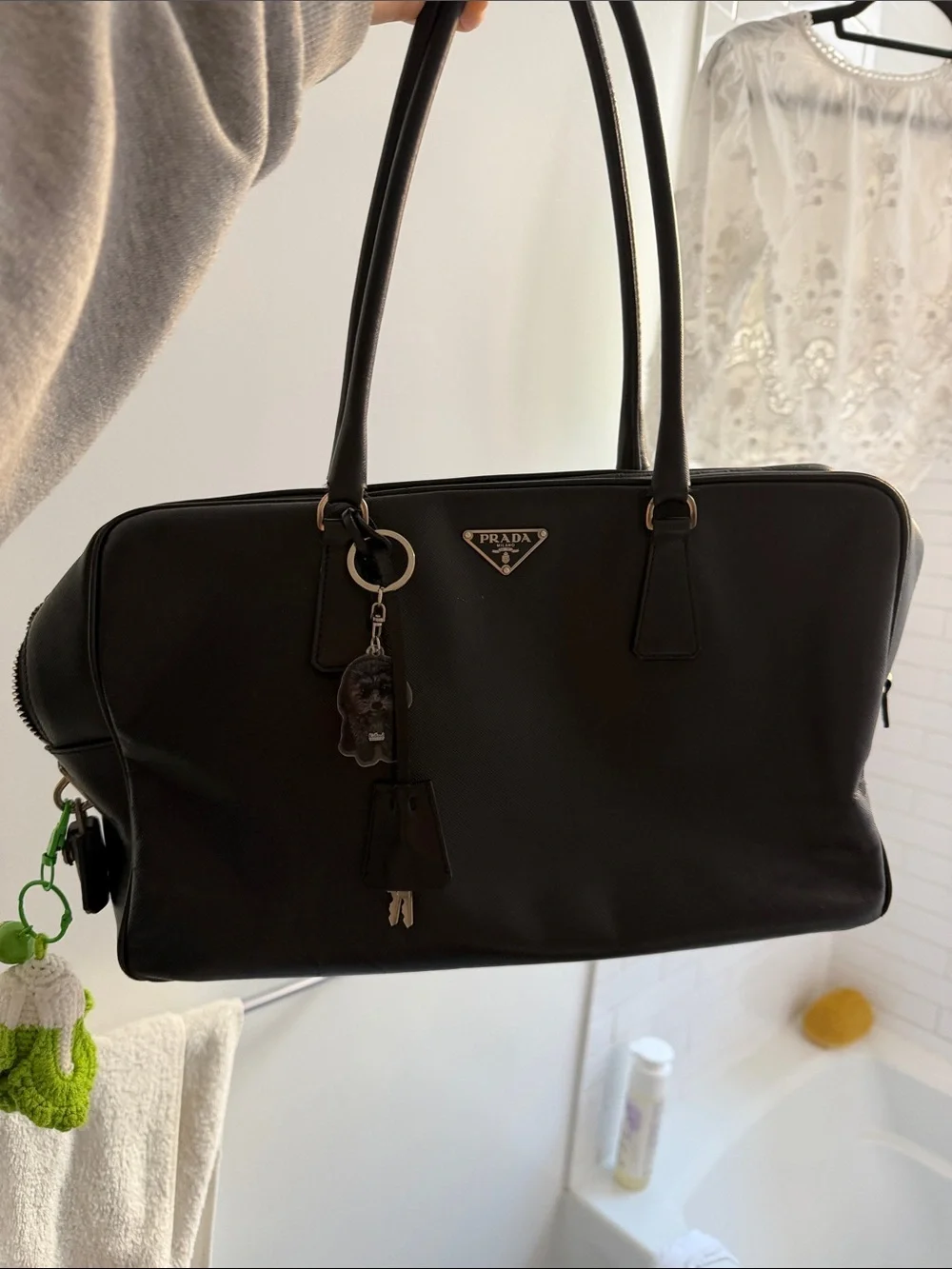 Prada Black Tessuto Tote with Leather Trim